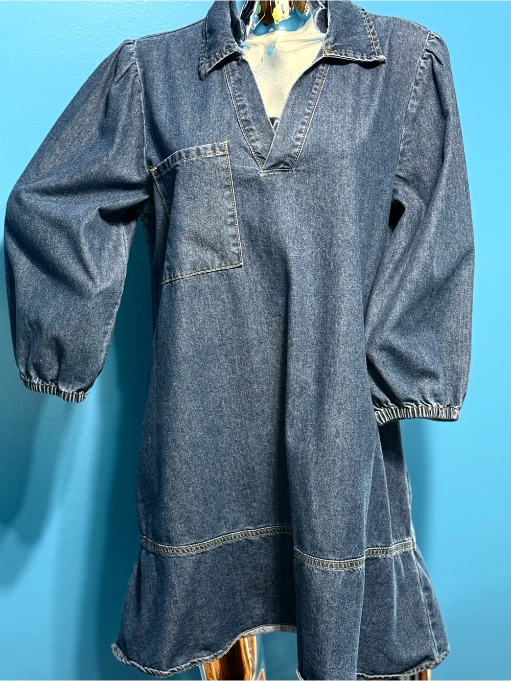 Fabulous Denim Puff-Sleeve Long Sleeve Dress - Blue XL